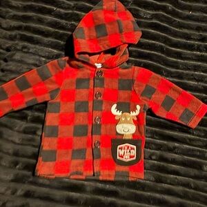 Kids Red and Black Checkered Hoodie with Moose Design